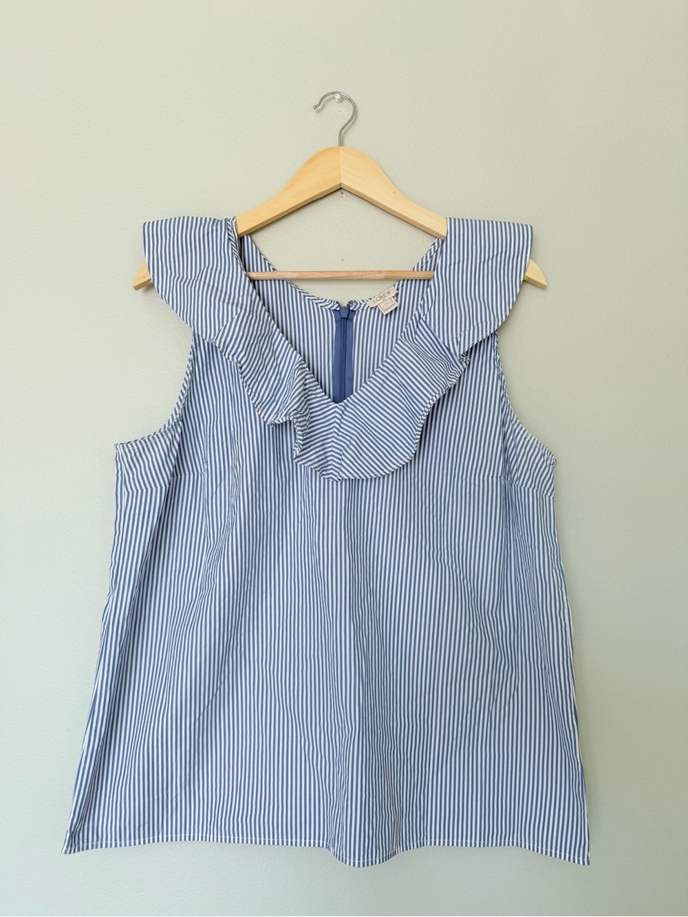 J. Crew Blue & White Striped Ruffle Neck Tank